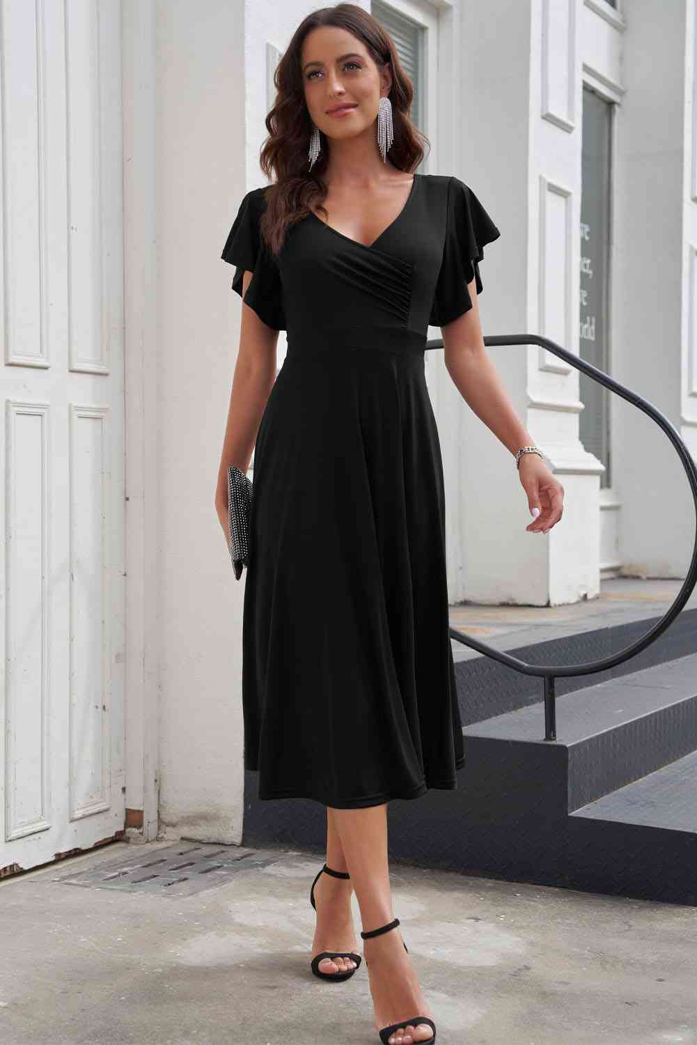 Flutter Sleeve Surplice Midi Dress - BEYOND FASHION