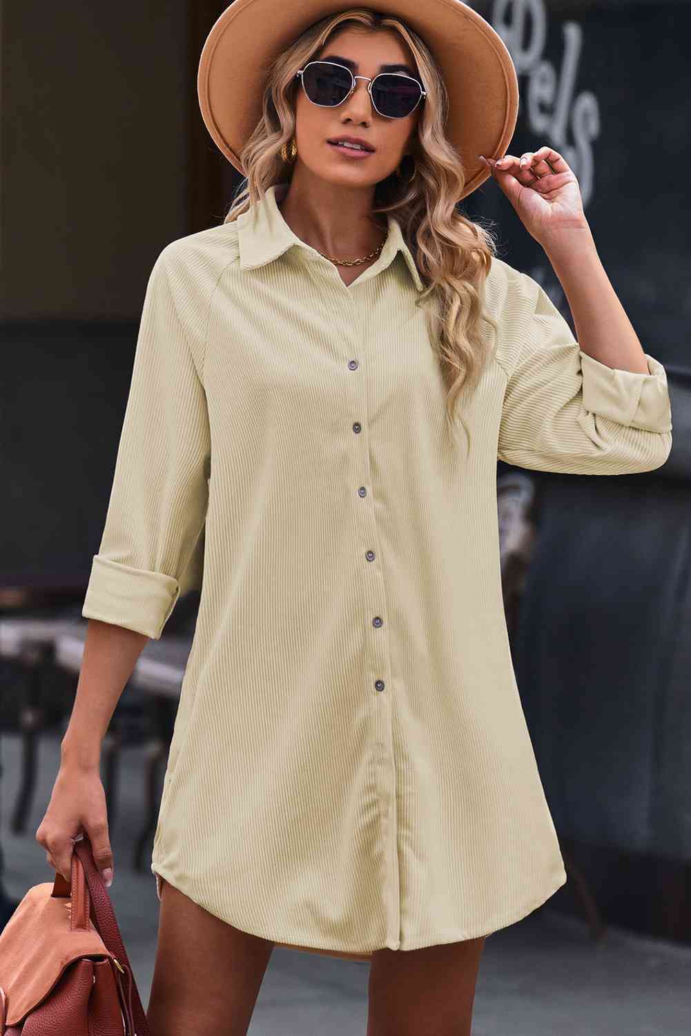 Button Front Curved Hem Raglan Sleeve Shirt Dress - BEYOND FASHION