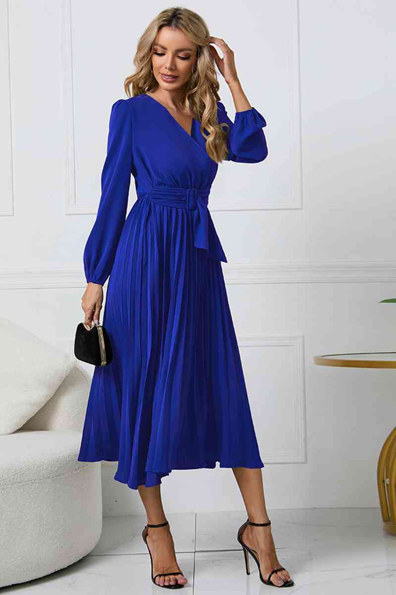 V-Neck Long Sleeve Tie Waist Midi Dress - BEYOND FASHION