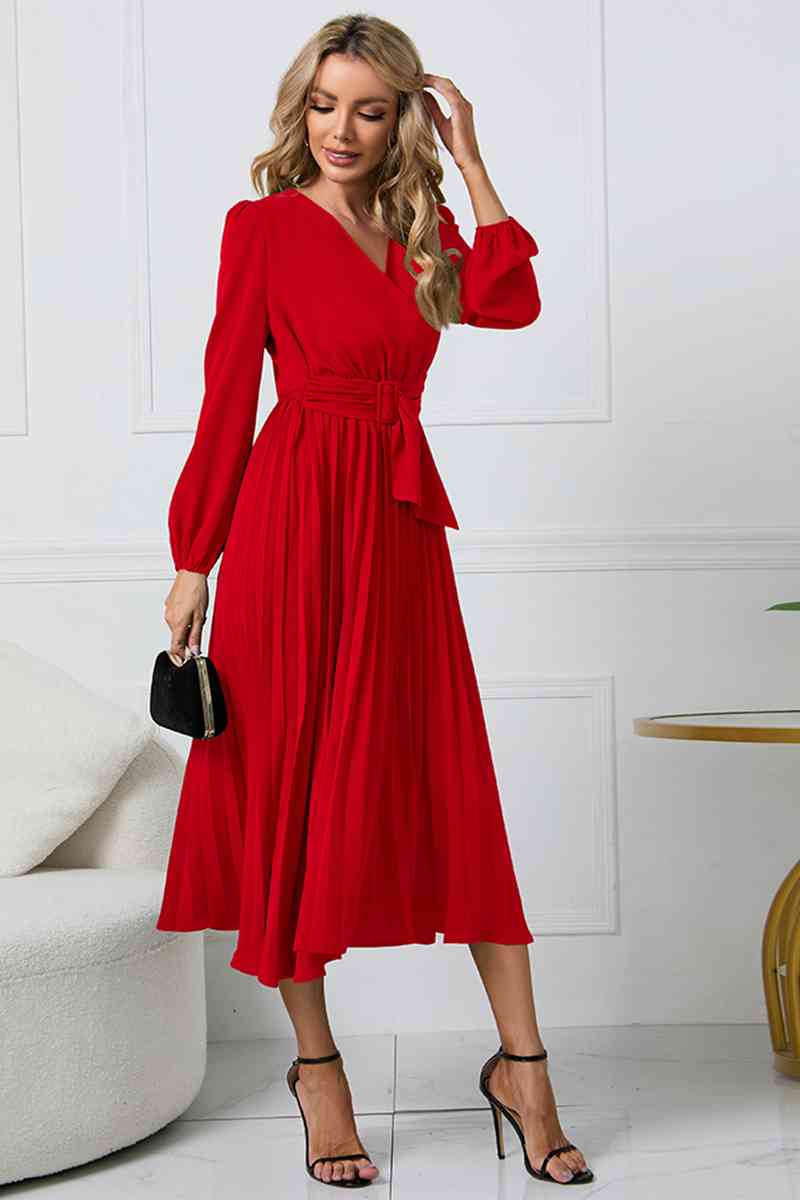 V-Neck Long Sleeve Tie Waist Midi Dress - BEYOND FASHION