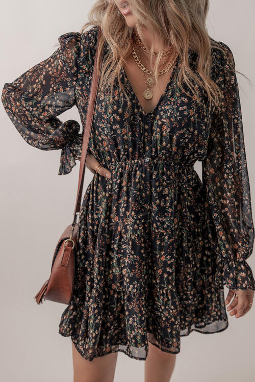 Printed Buttoned V-Neck Flounce Sleeve Dress - BEYOND FASHION