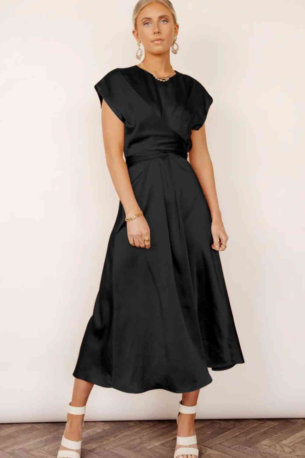 Satin Cap Sleeve Tie Back Midi Dress - BEYOND FASHION