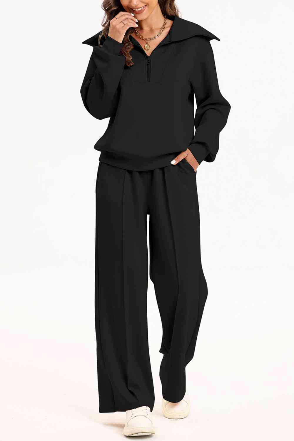 Half Zip Collared Neck Sweatshirt and Pants Set - BEYOND FASHION