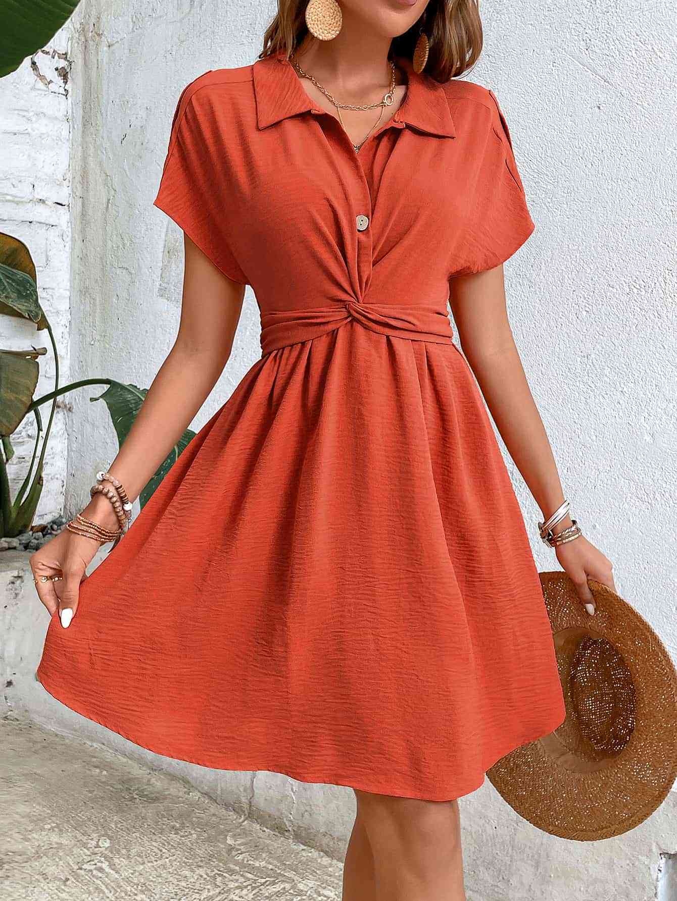 Collared Neck Short Sleeve Twisted Dress