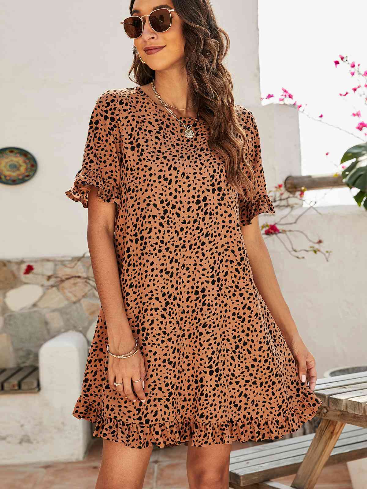 Printed Flounce Sleeve Ruffle Hem Dress - BEYOND FASHION