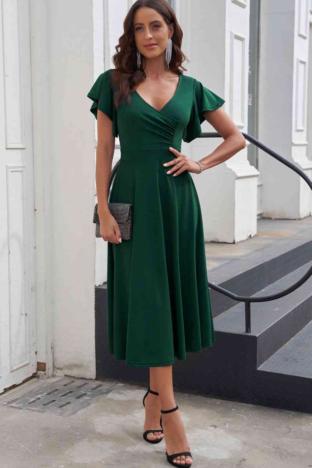 Flutter Sleeve Surplice Midi Dress - BEYOND FASHION