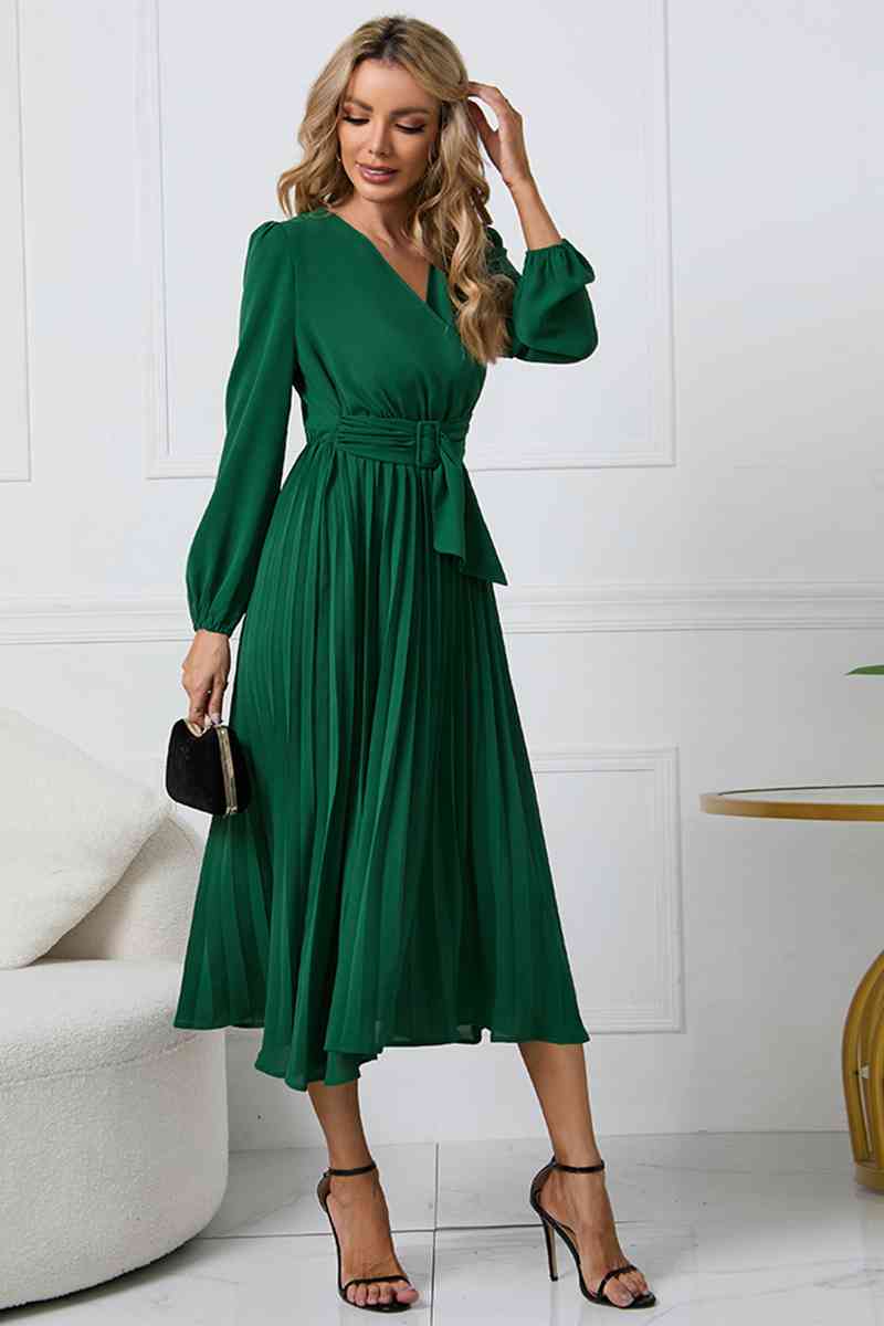 V-Neck Long Sleeve Tie Waist Midi Dress - BEYOND FASHION