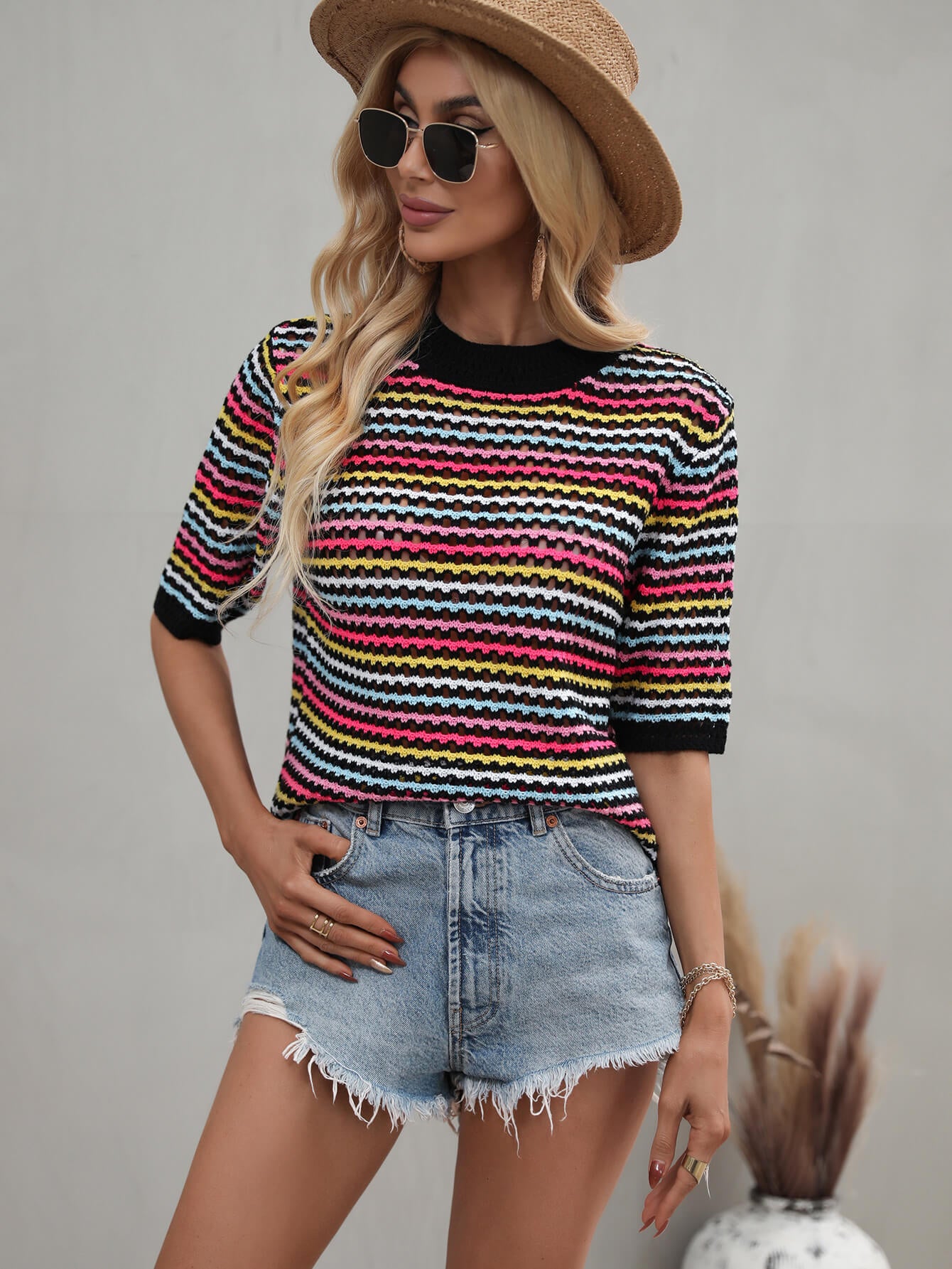 Striped Openwork Half Sleeve Knit Top - BEYOND FASHION