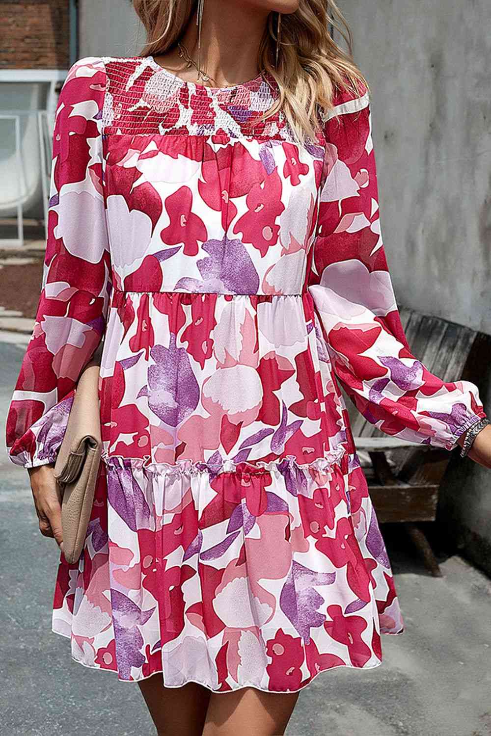 Smocked Floral Print Long Sleeve Mini Dress