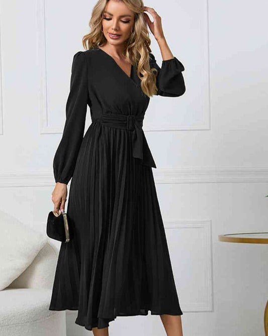 V-Neck Long Sleeve Tie Waist Midi Dress - BEYOND FASHION