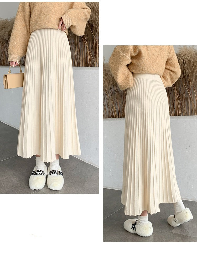 High-Waist, A-Line, Pleated Long Skirt - BEYOND