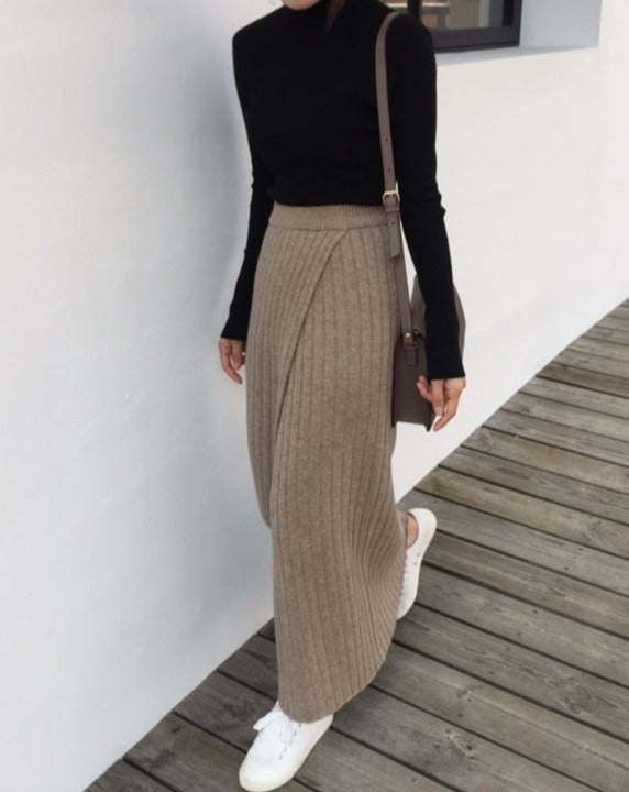 Grey ribbed outlet knit midi skirt