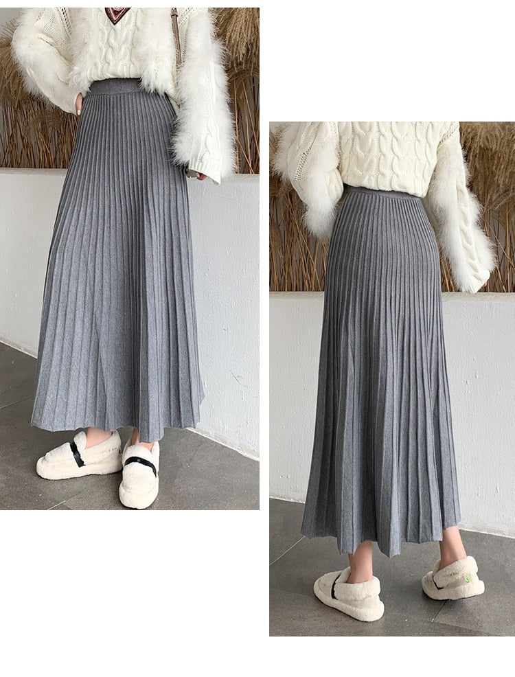High-Waist, A-Line, Pleated Long Skirt - BEYOND