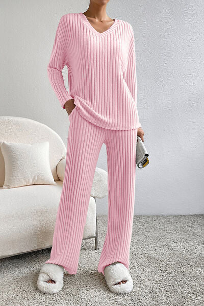 Ribbed V-Neck Top and Pants Lounge Set - BEYOND FASHION