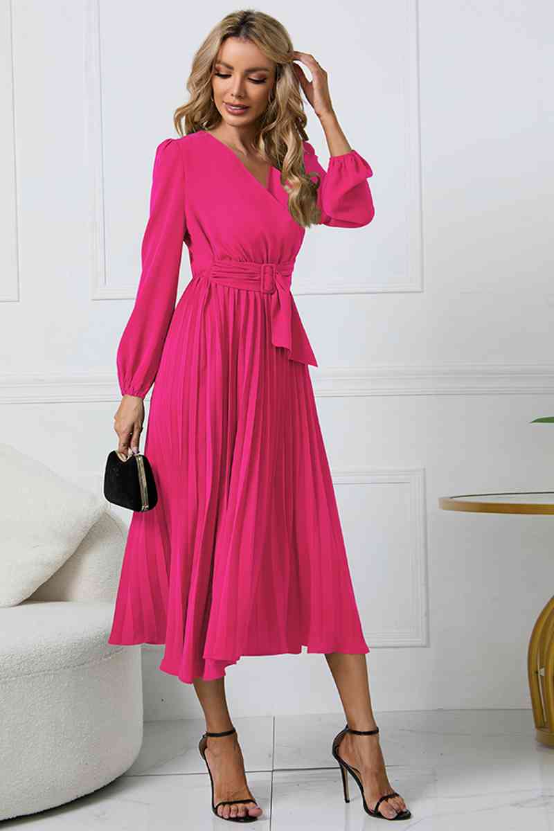 V-Neck Long Sleeve Tie Waist Midi Dress - BEYOND FASHION