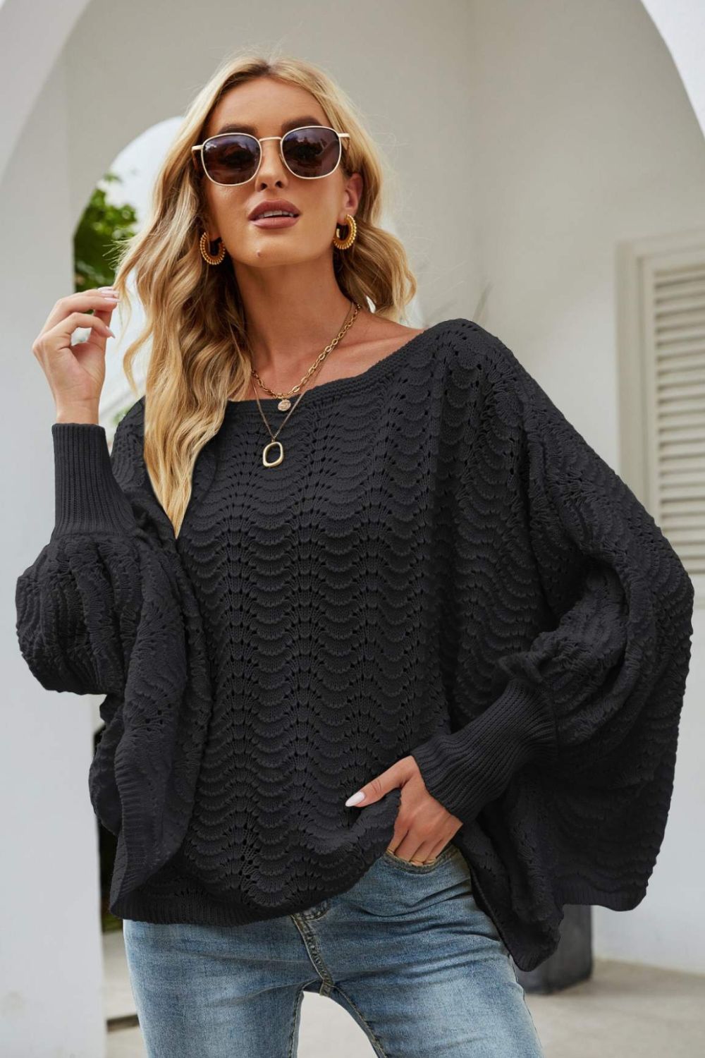 Openwork Dolman Sleeve Sweater