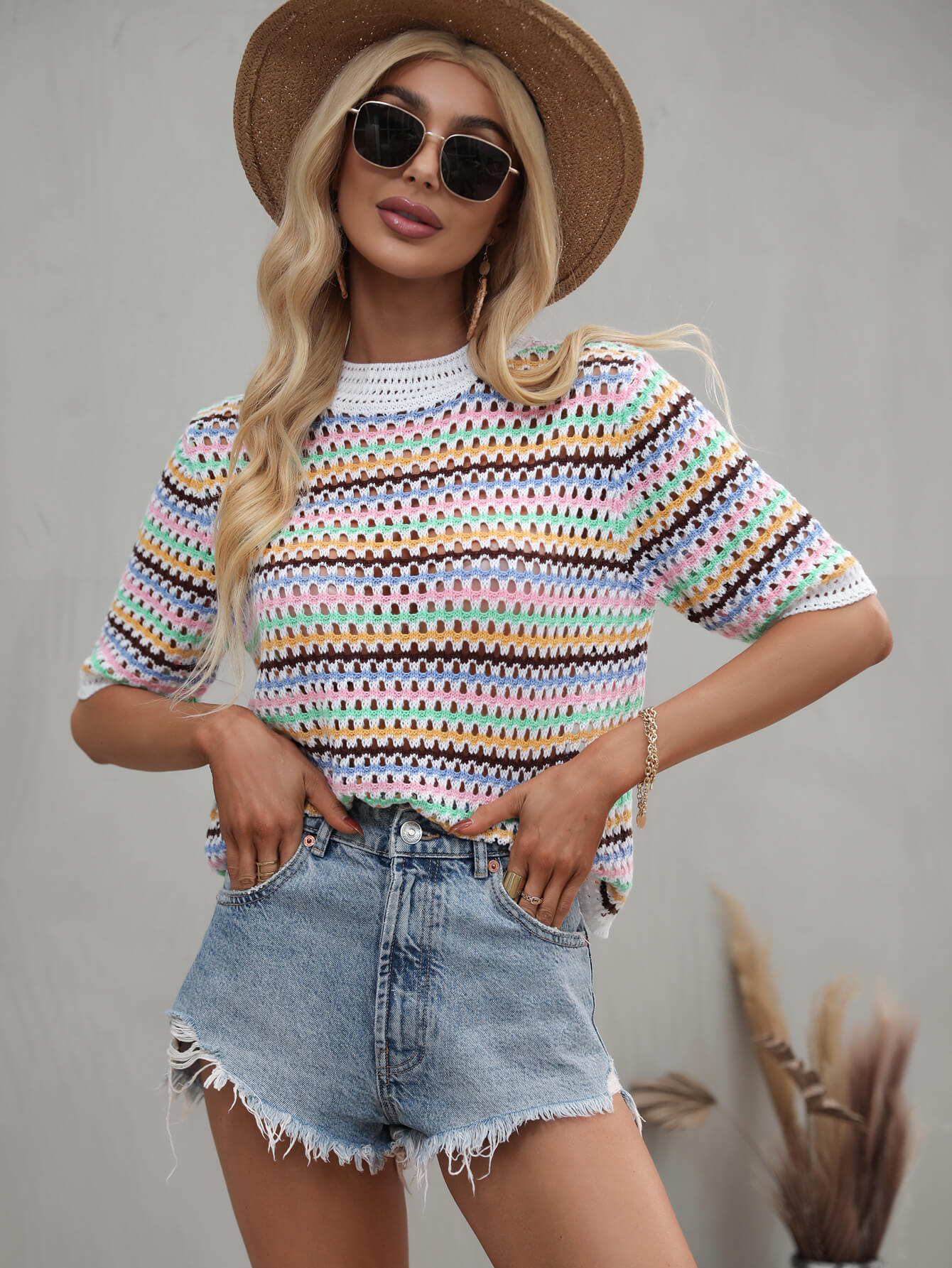 Striped Openwork Half Sleeve Knit Top - BEYOND FASHION