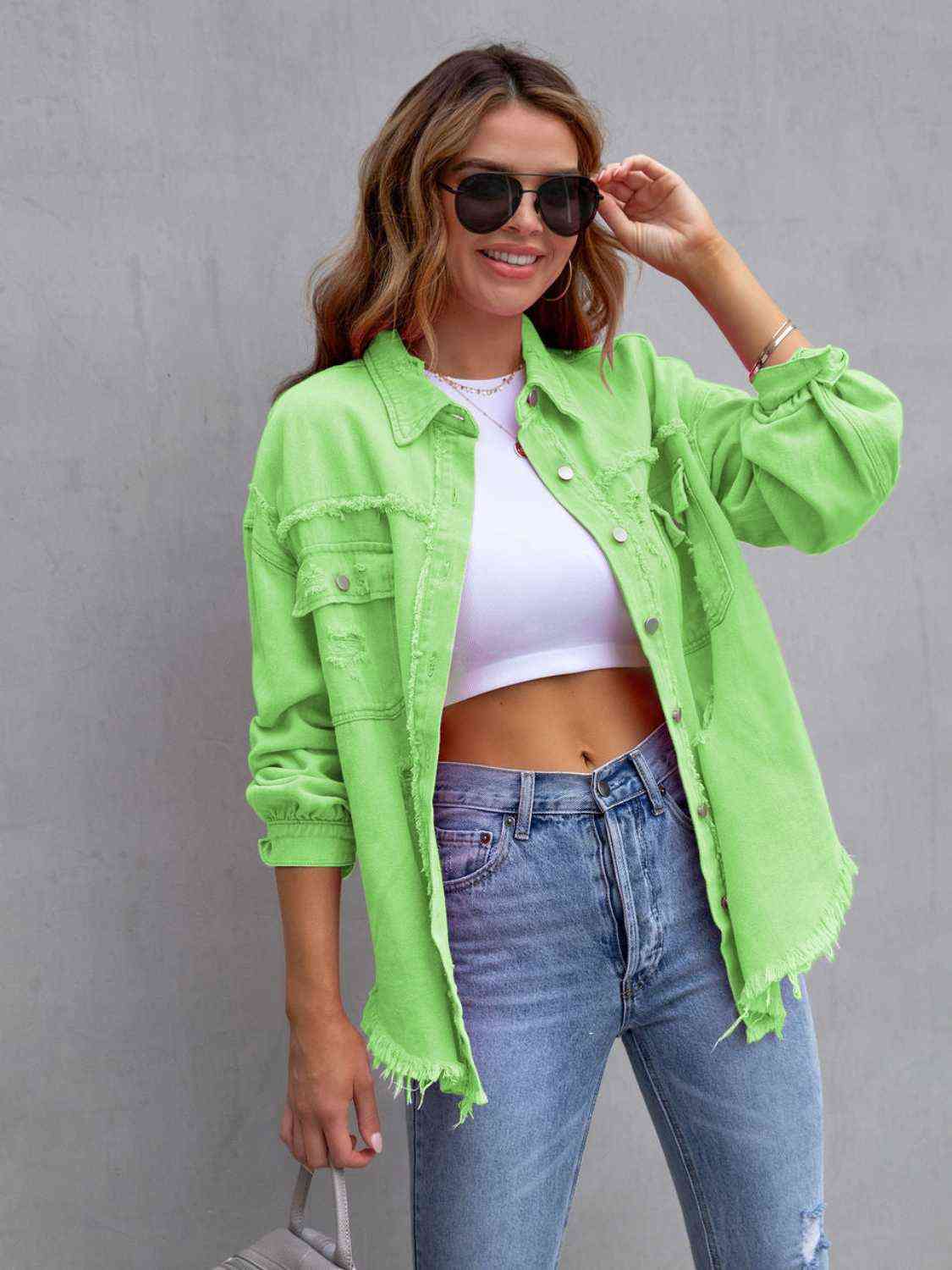 Distressed Drop Shoulder Denim Jacket - BEYOND FASHION