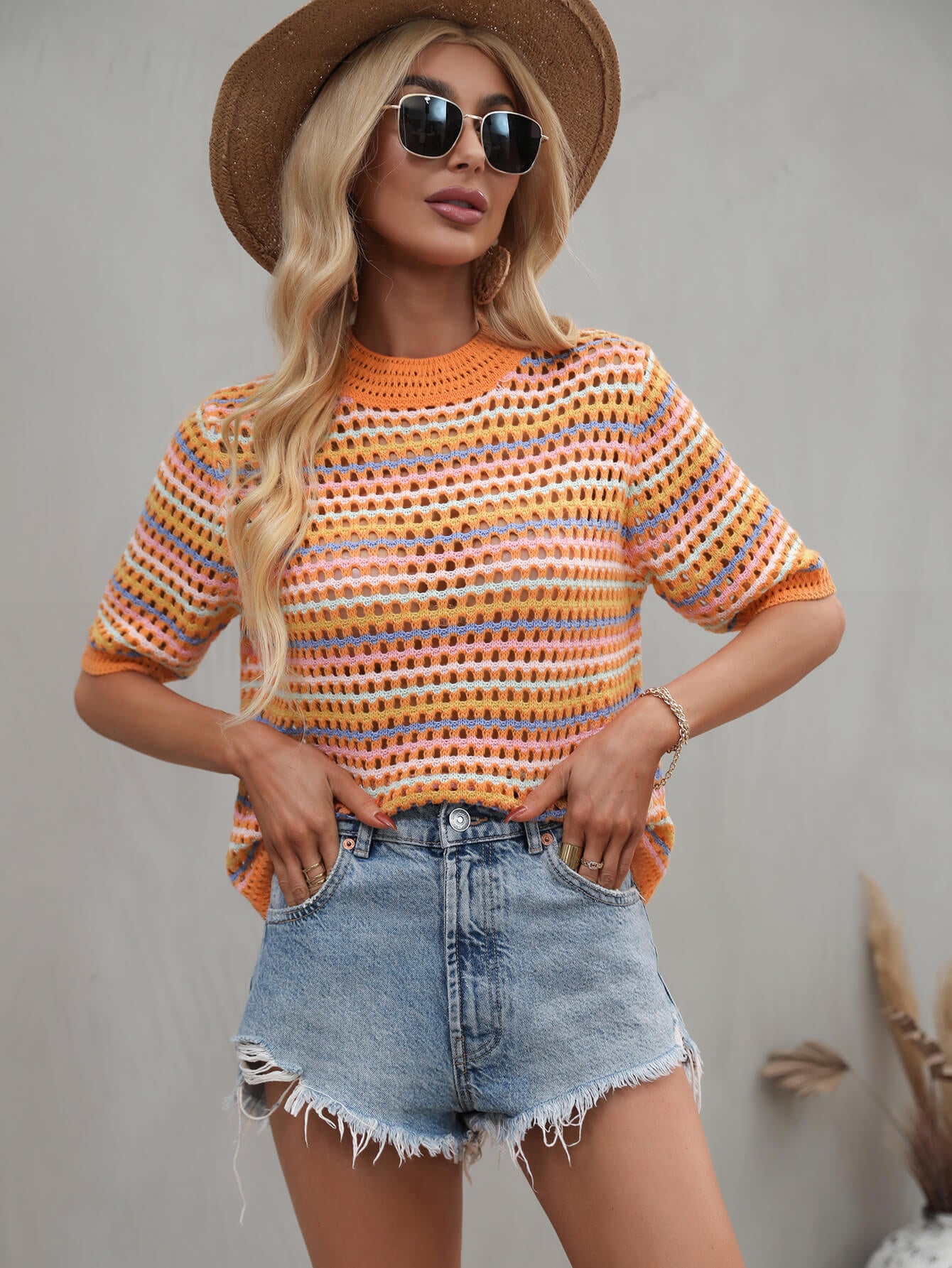 Striped Openwork Half Sleeve Knit Top - BEYOND FASHION