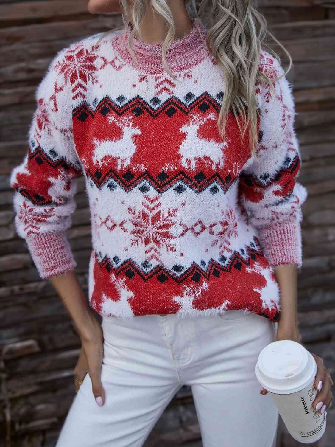Reindeer & Snowflake Round Neck Sweater