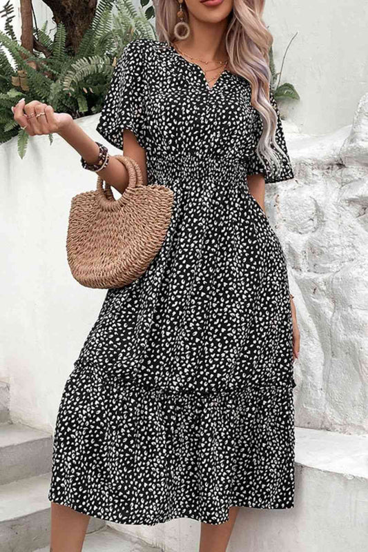 Leopard Print Short Sleeve Midi Dress - BEYOND FASHION
