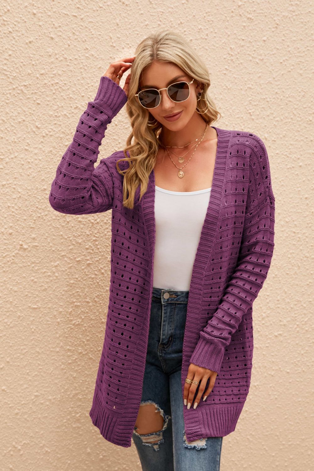 Openwork Horizontal Ribbing Open Front Cardigan - BEYOND FASHION