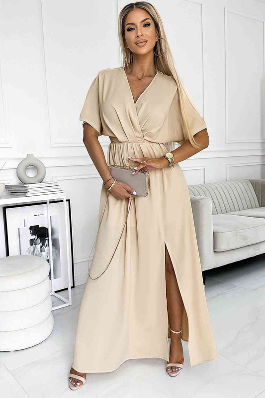 Surplice Neck Slit Maxi Dress - BEYOND FASHION