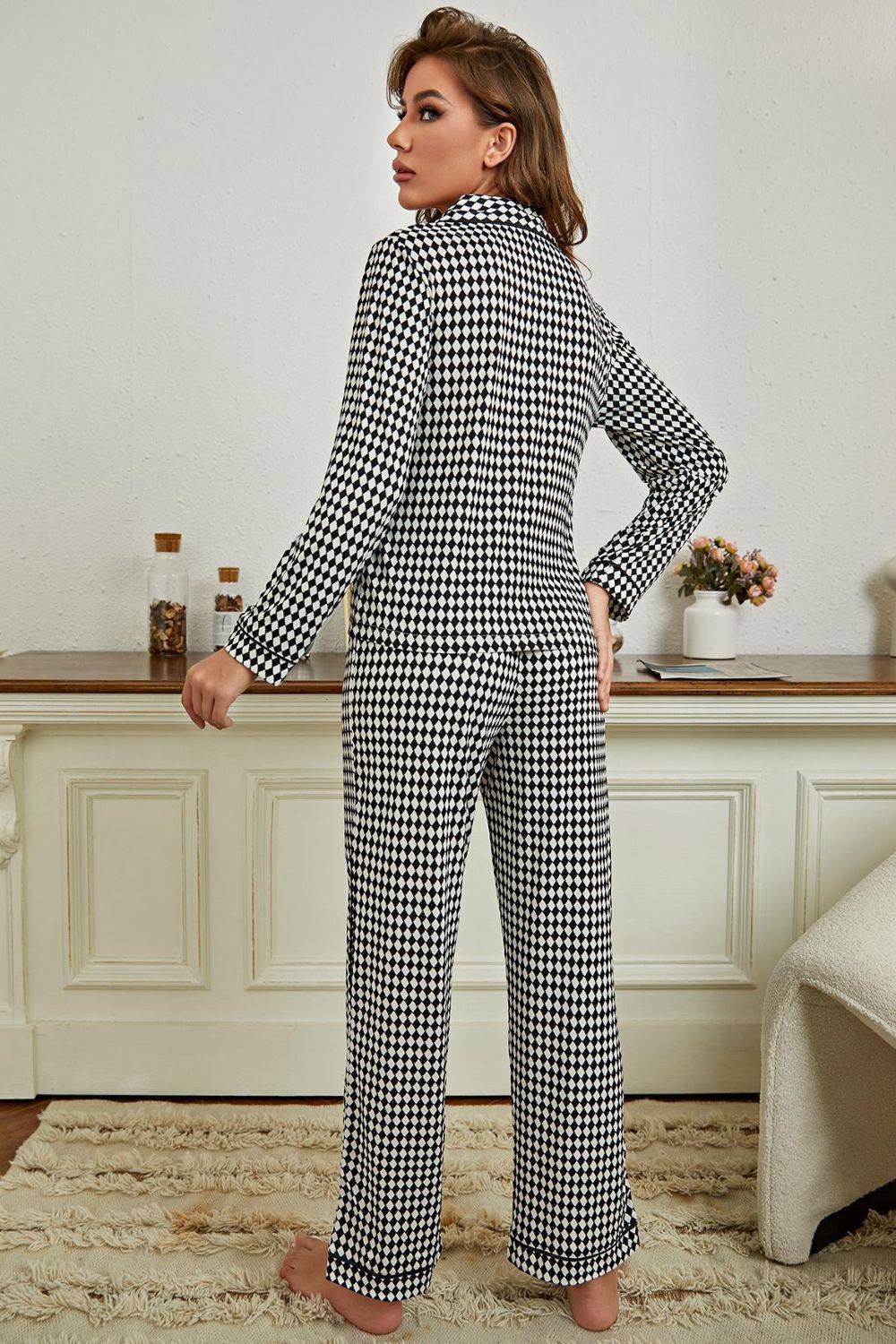 Checkered Button Front Top and Pants Loungewear Set - BEYOND