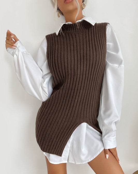 Round Neck Ribbed Knit Sweater Vest Dress - BEYOND FASHION
