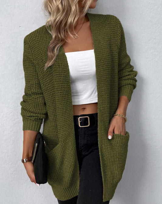 Rib-Knit Open Front Pocketed Cardigan