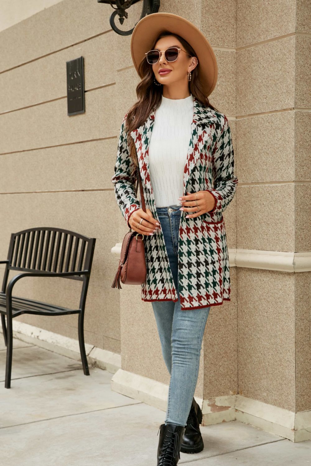 Printed Lapel Collar Cardigan with Pockets