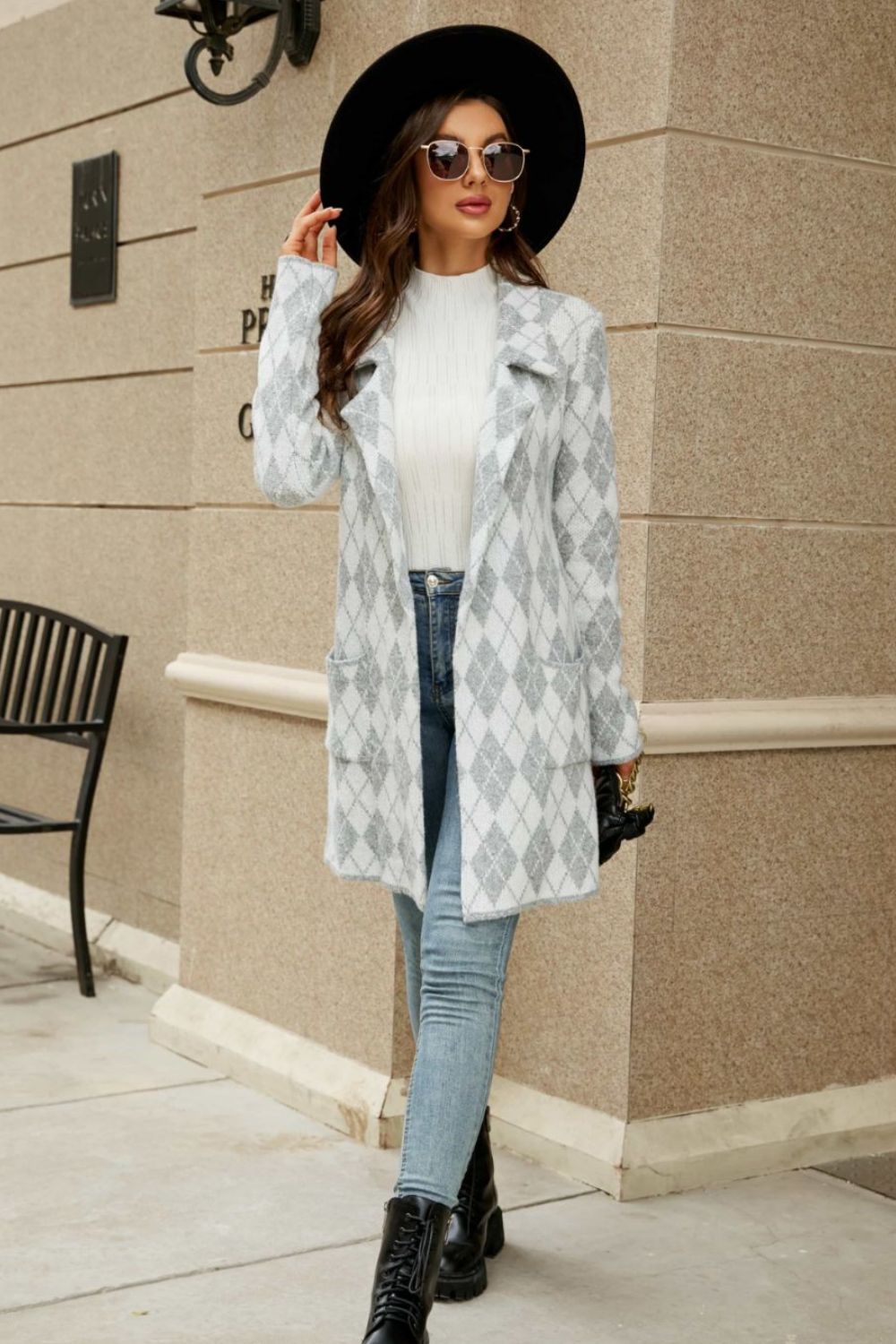 Printed Lapel Collar Cardigan with Pockets