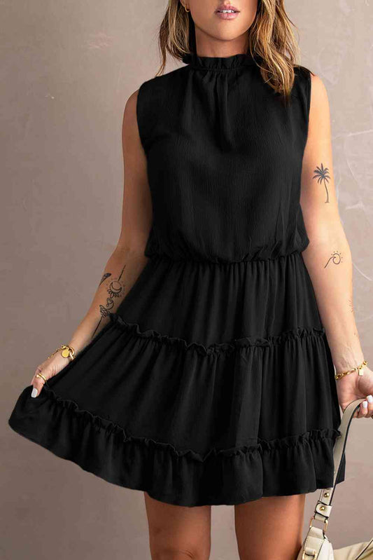 Tie Neck Frill Trim Sleeveless Mini Dress - BEYOND FASHION