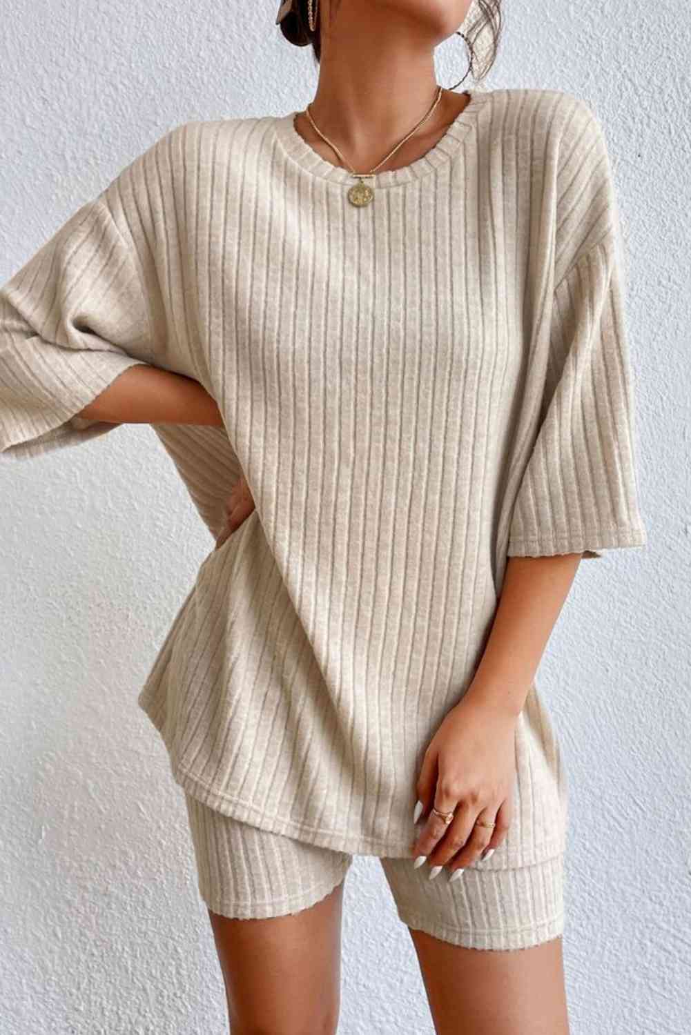 Round Neck Ribbed Top and Shorts Lounge Set - BEYOND FASHION