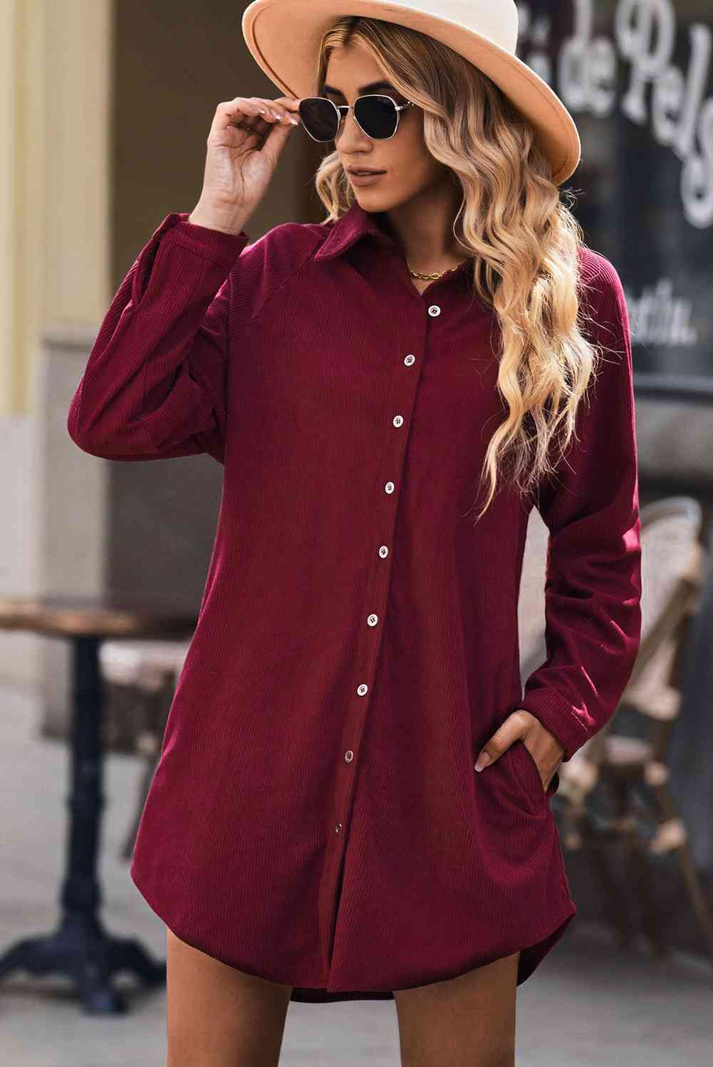 Button Front Curved Hem Raglan Sleeve Shirt Dress - BEYOND FASHION