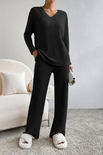 Ribbed V-Neck Top and Pants Lounge Set - BEYOND FASHION