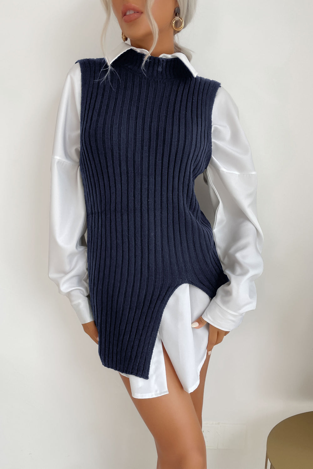 Round Neck Ribbed Knit Sweater Vest Dress - BEYOND FASHION