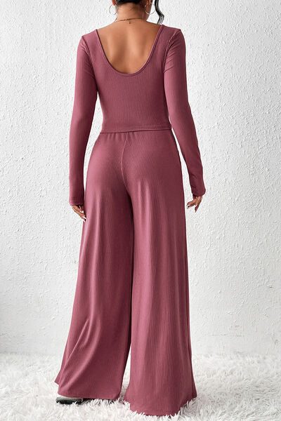 Ribbed Round Neck Top and Wide-Leg Pants Set