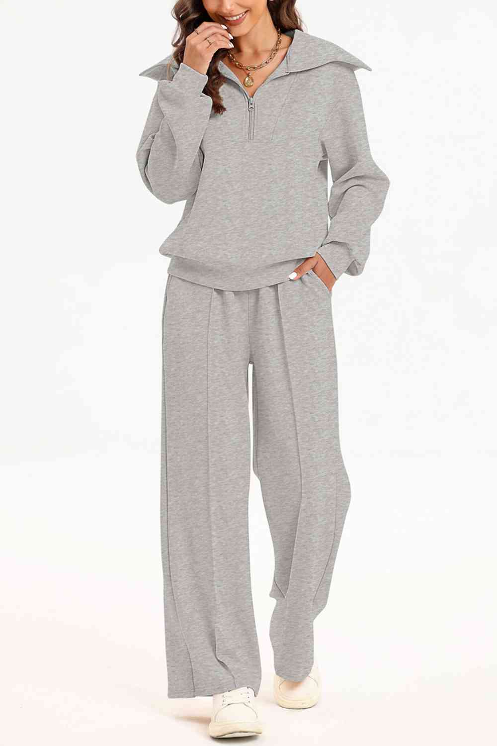 Half Zip Collared Neck Sweatshirt and Pants Set - BEYOND FASHION