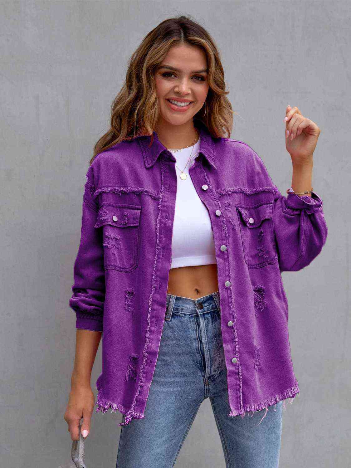 Distressed Drop Shoulder Denim Jacket - BEYOND FASHION