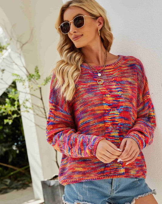 Multicolored Cable-Knit Drop Shoulder Sweater