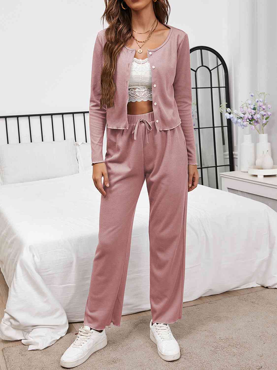 Button Front Long Sleeve Top and Pants Lounge Set