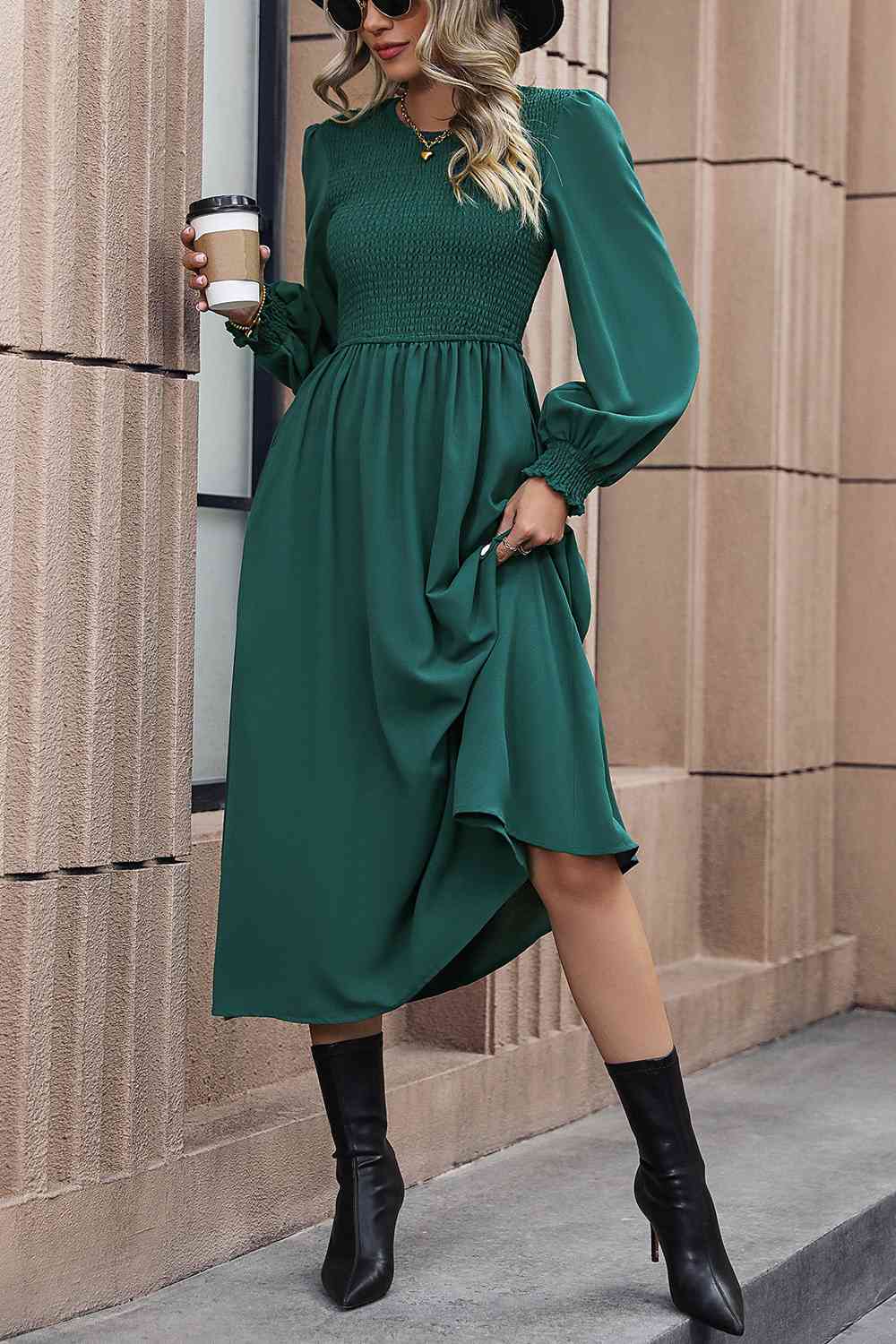 Smocked Long Sleeve Midi Dress - BEYOND FASHION