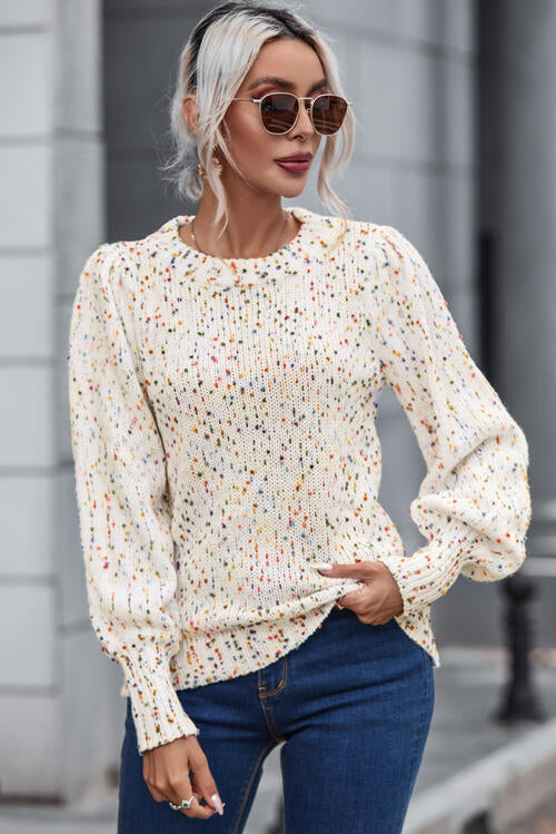 Heathered Round Neck Lantern Sleeve Sweater - BEYOND FASHION