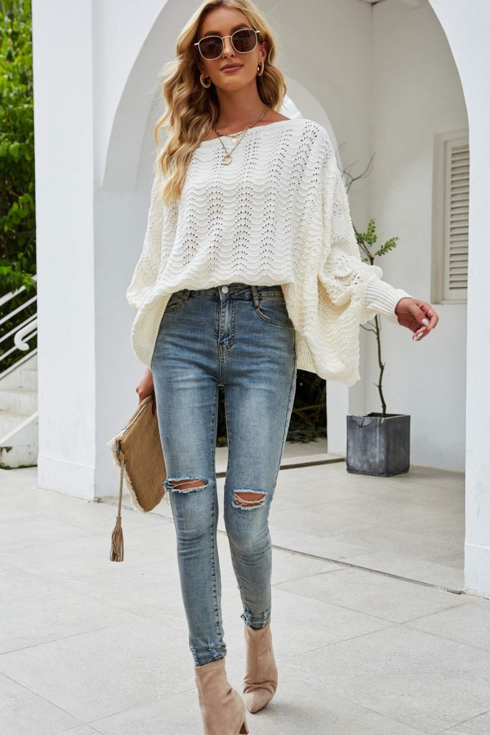 Openwork Dolman Sleeve Sweater