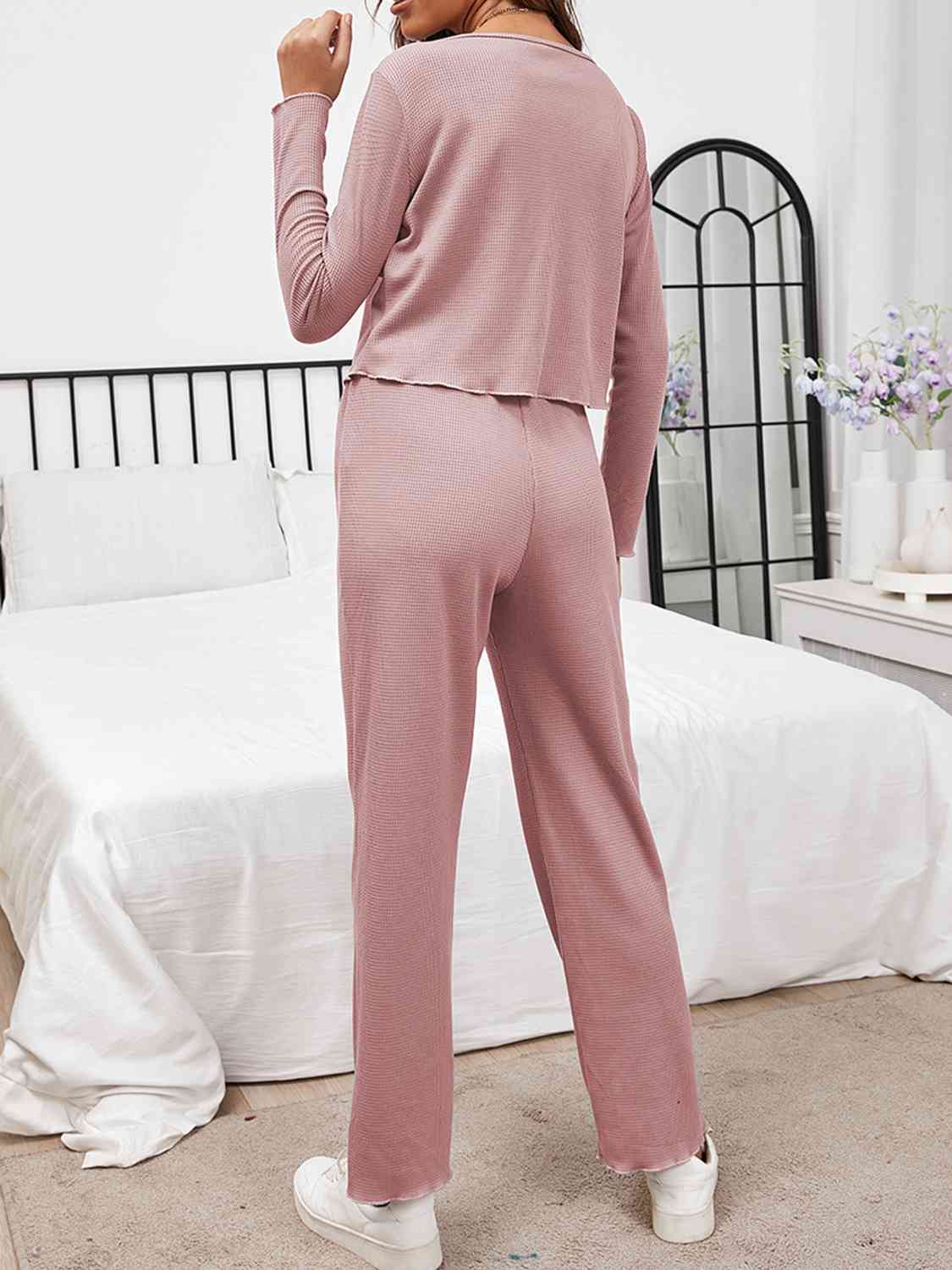 Button Front Long Sleeve Top and Pants Lounge Set