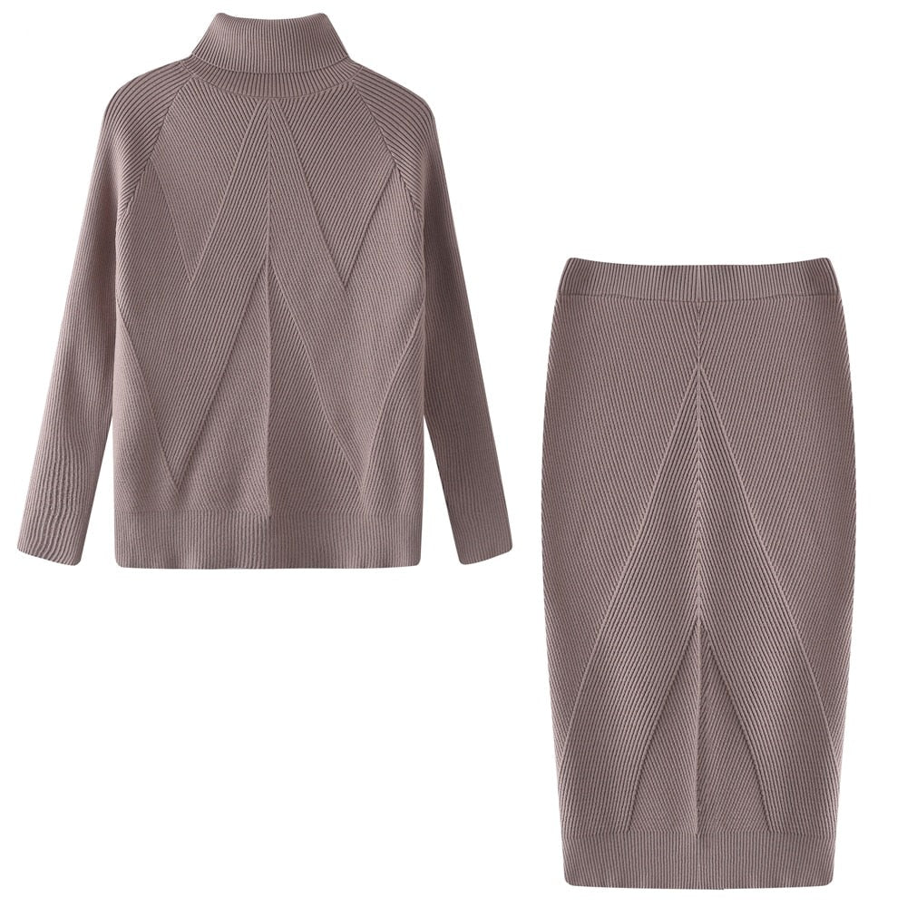 Turtleneck Knit Sweater & Midi Skirt Set