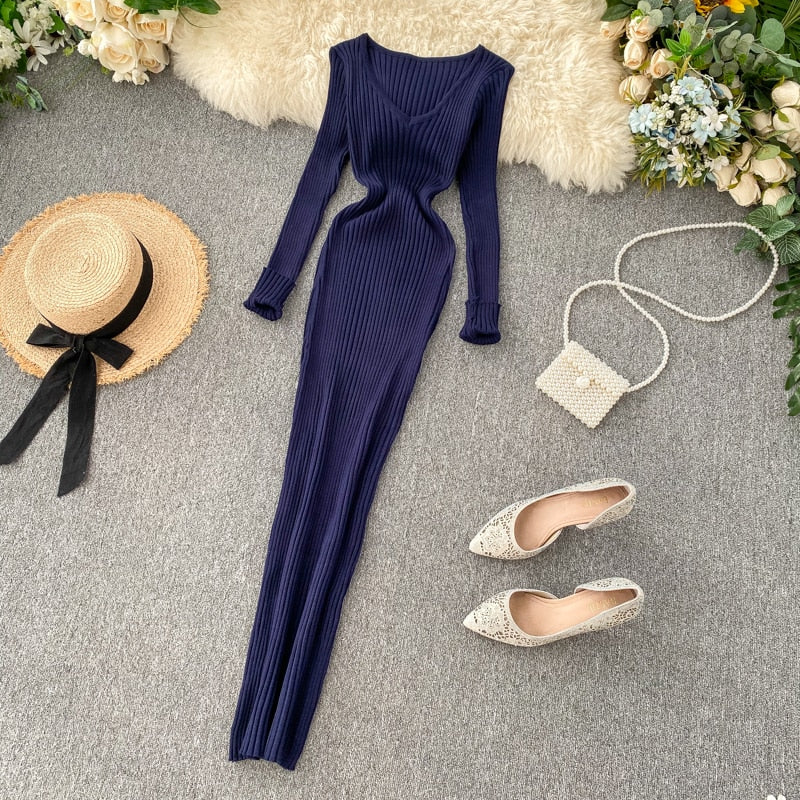 V-Neck Long Slim Fit Knit Dress