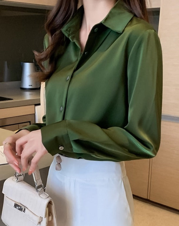 Long Sleeve Satin Solid Color Blouse Shirt - BEYOND