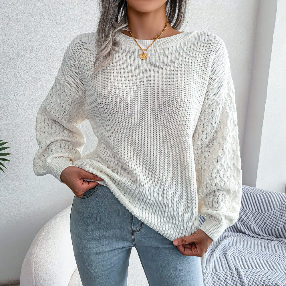 Mixed Knit Round Neck Dropped Shoulder Sweater